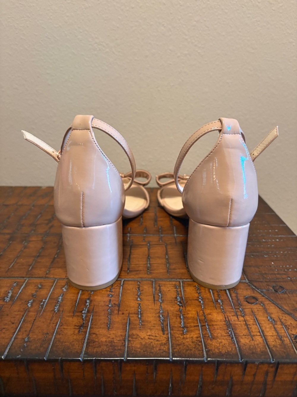 BAMBOO Nude/Tan Jeweled Bow Ankle-Strap Block Heels - Picture 3 of 7